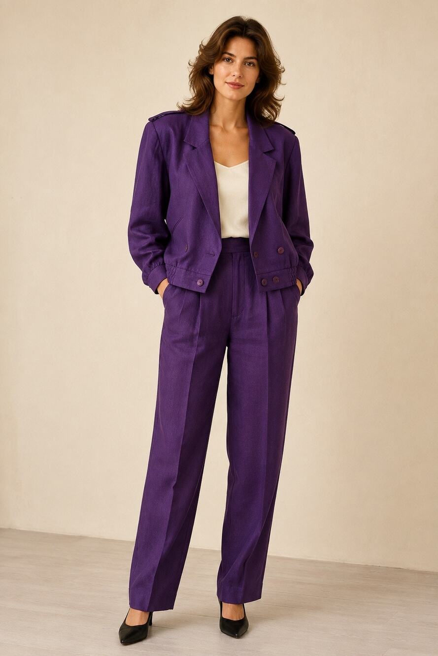 Vintage I. Magnin Purple 100% Linen Pantsuit Jacket Trousers Set USA Size 10